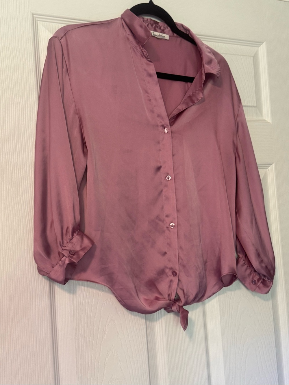Cloud Chaser Satin Button-Down Blouse in Mauve Pink